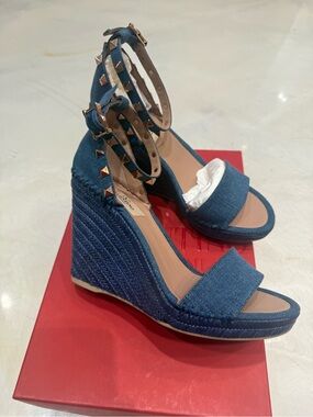 Valentino Garavani Blue Denim Studded Espadrille Wedge Sandals
